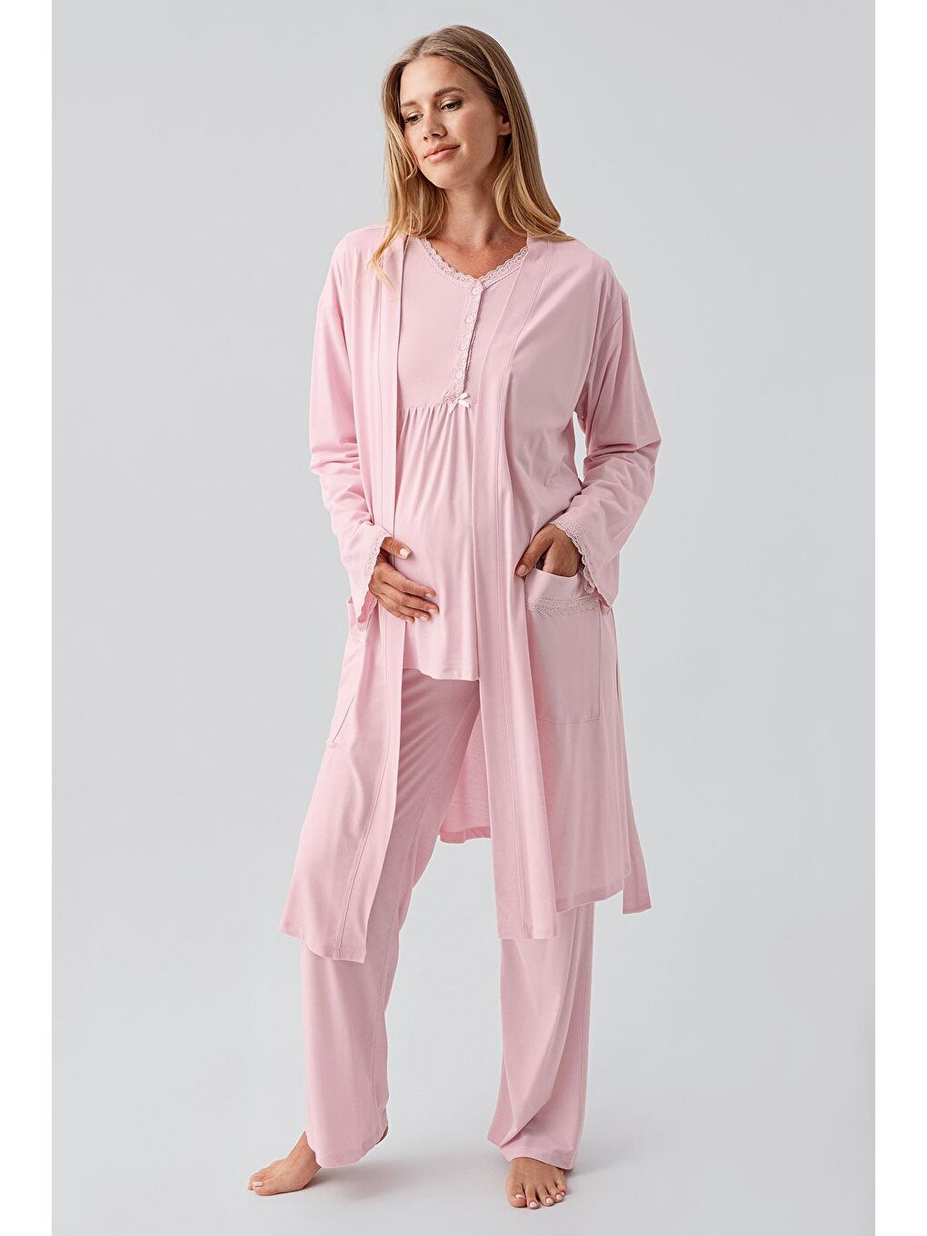 Pembe Uzun Kollu Düğmeli Esnek Viskoz Hamile Sabahlık Pijama Takım 18302