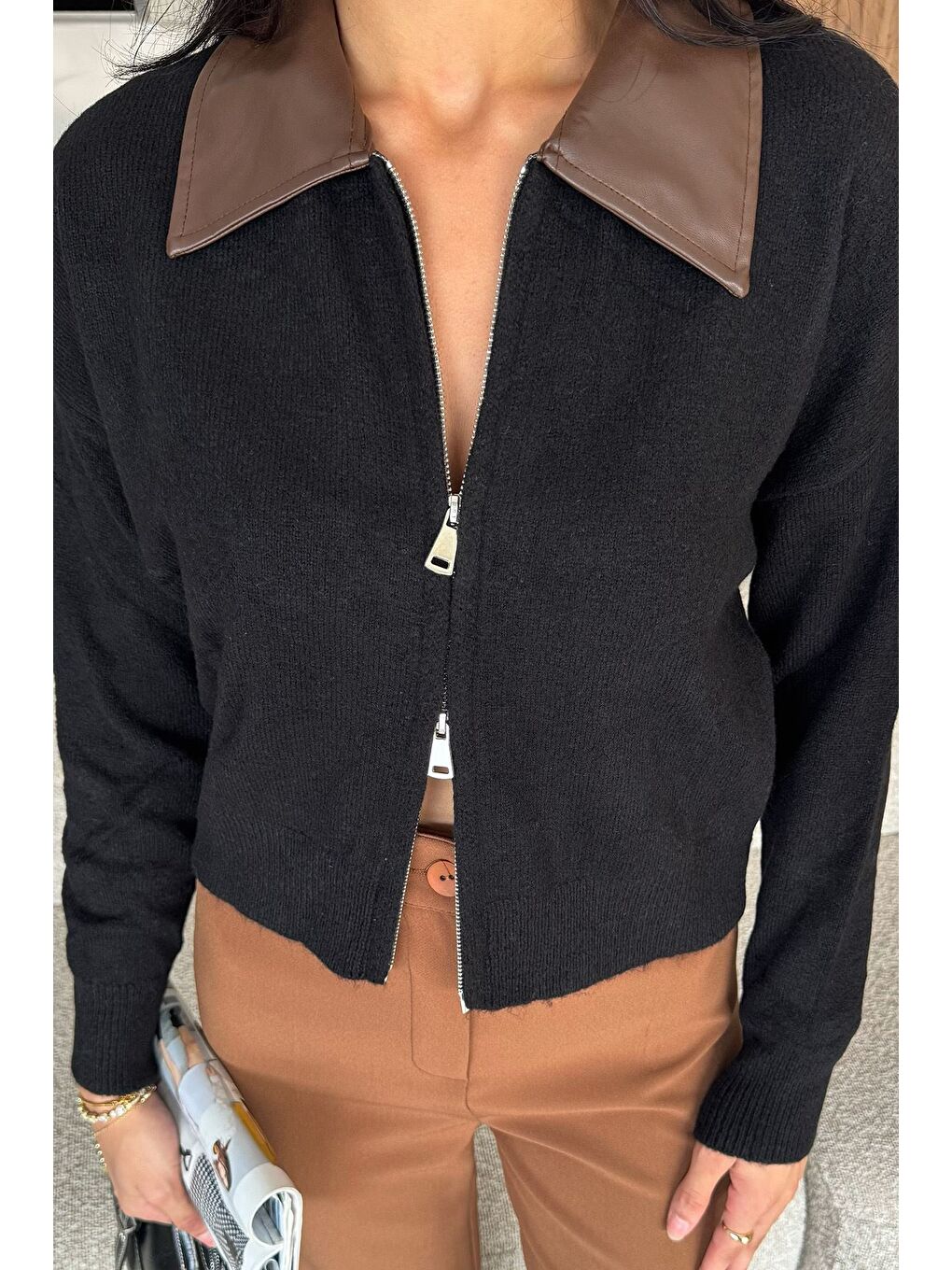 Siyah Kadın Polo Yaka Deri Garnili Fermuarlı Triko Hırka (s-m-l Beden Uyumludur.)-3