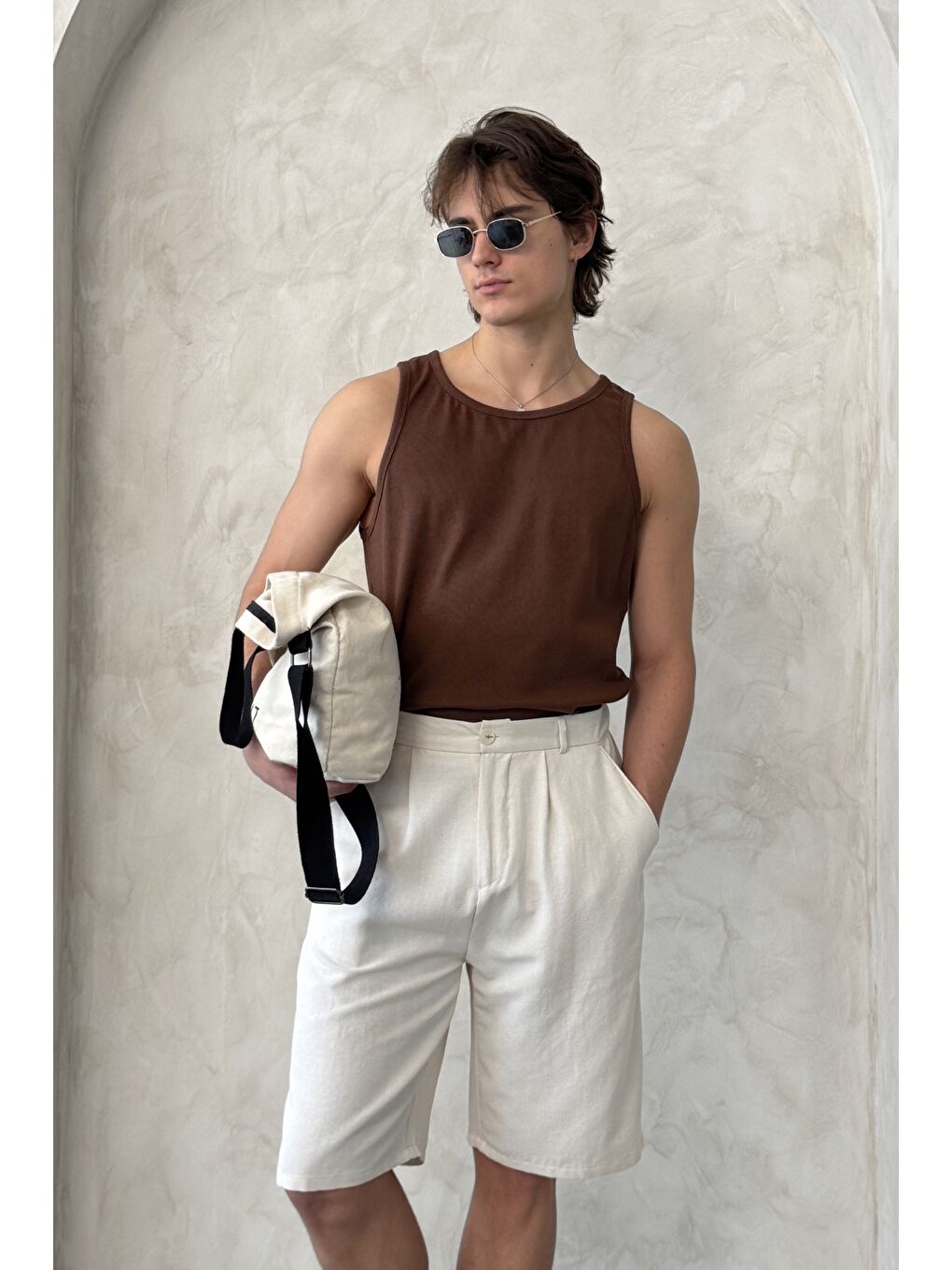 Ekru Erkek Pileli Baggy Keten Şort-4