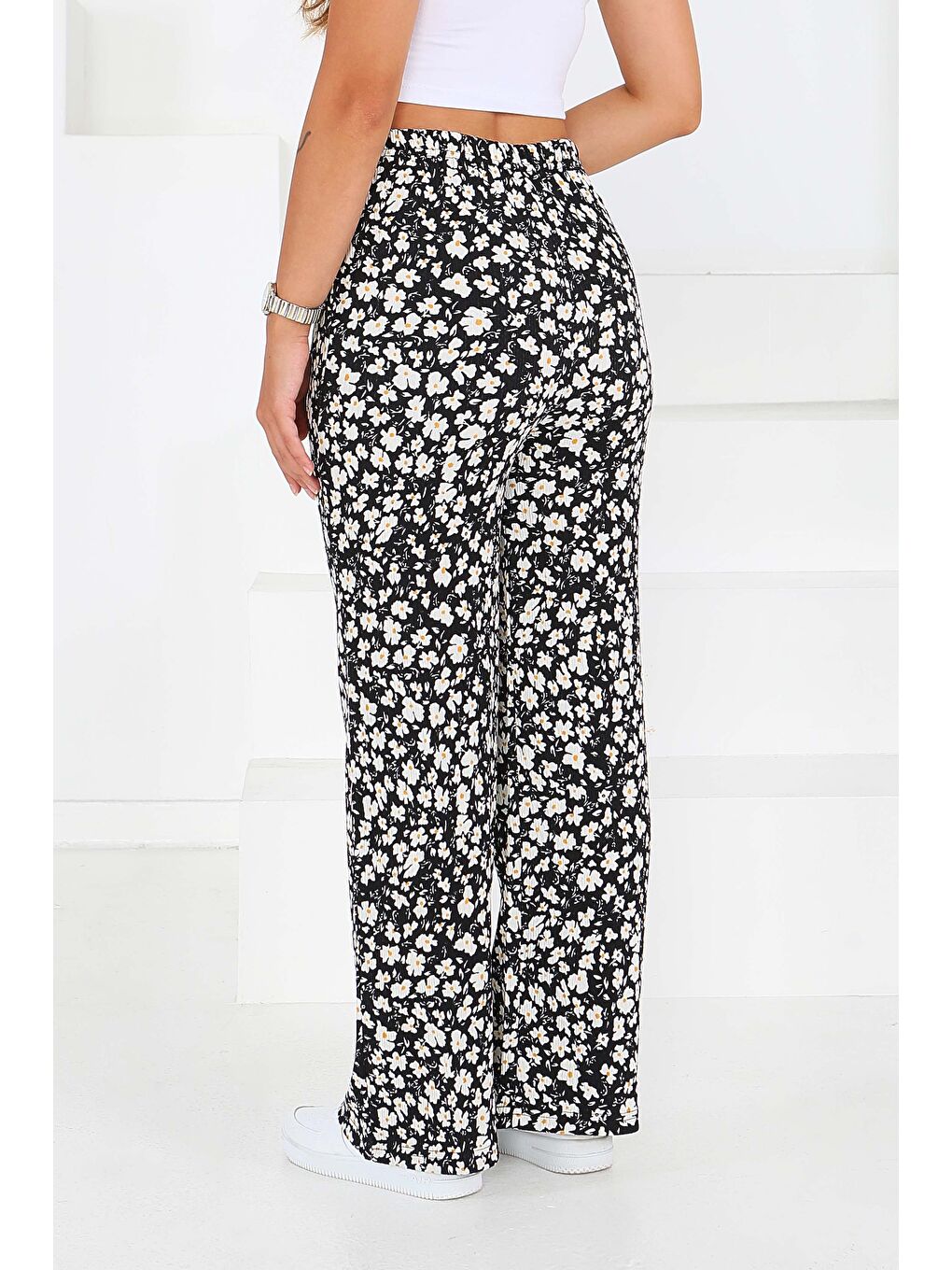 Desenli Beli Lastikli Bürümcük Pantolon Siyah - 27677-3
