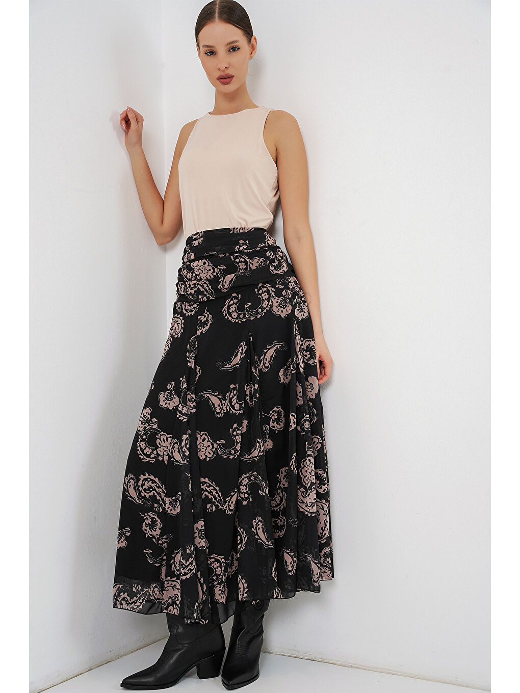 Kadın Desenli Şifon Etek 8057 - Siyah-4