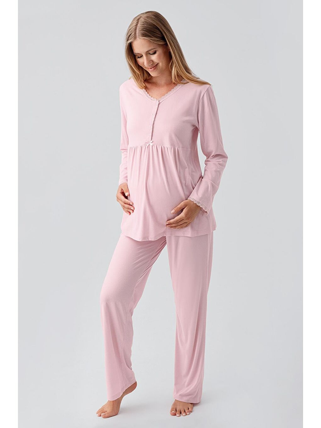 Pembe Uzun Kollu Düğmeli Esnek Viskoz Hamile Sabahlık Pijama Takım 18302-1