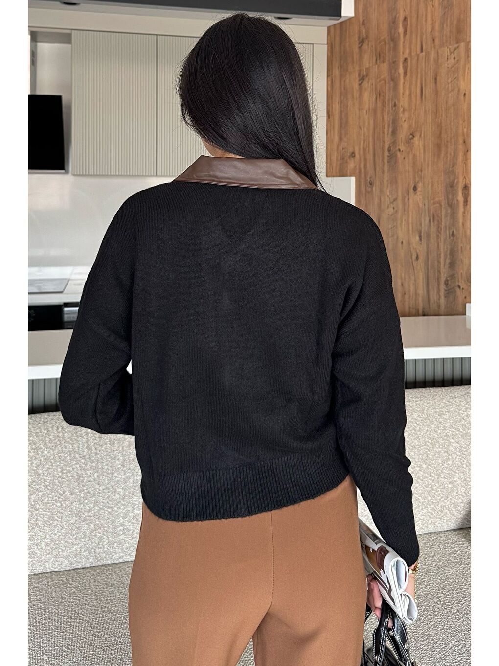 Siyah Kadın Polo Yaka Deri Garnili Fermuarlı Triko Hırka (s-m-l Beden Uyumludur.)-4