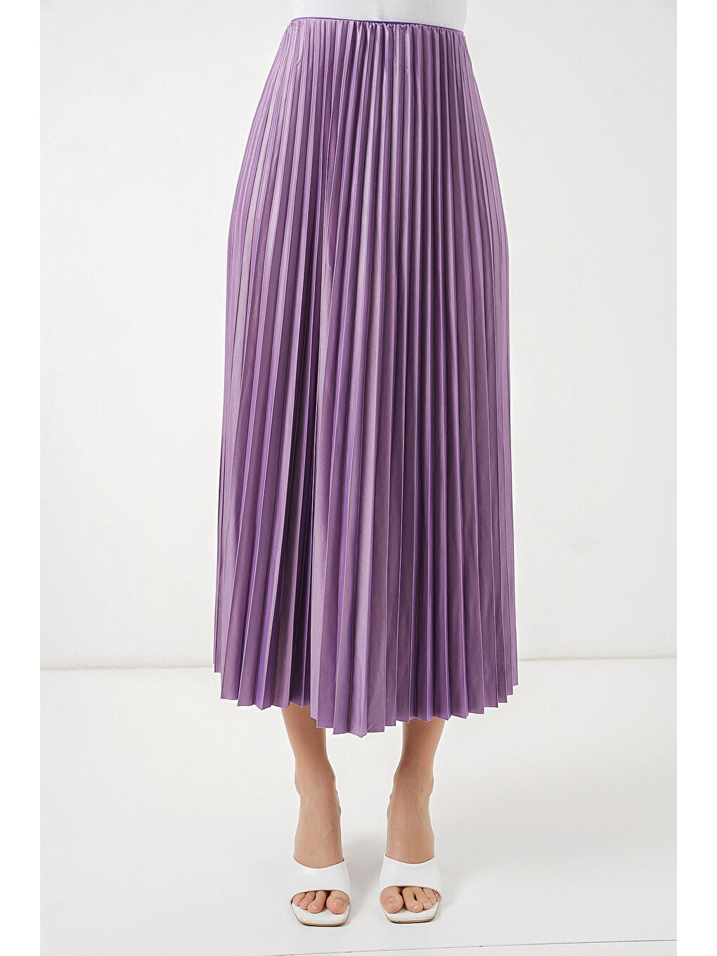 8009 Deri Görünümlü Piliseli Etek - Lila-1