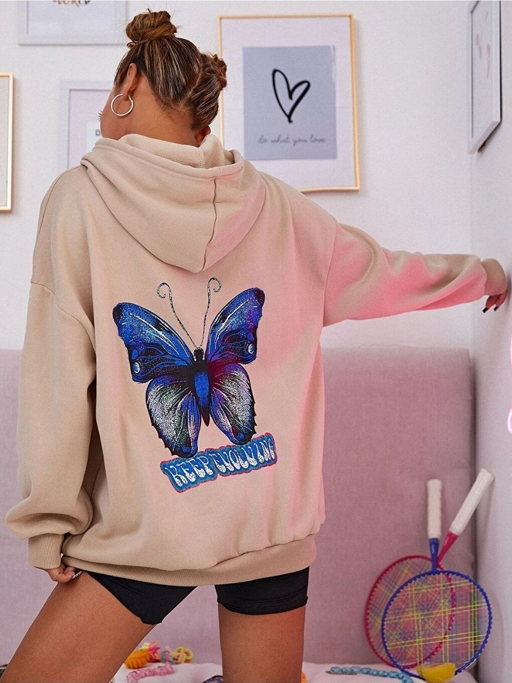 Kadın Bej Butterfly Baskılı Oversize Kapüşonlu Sweatshirt Hoodie