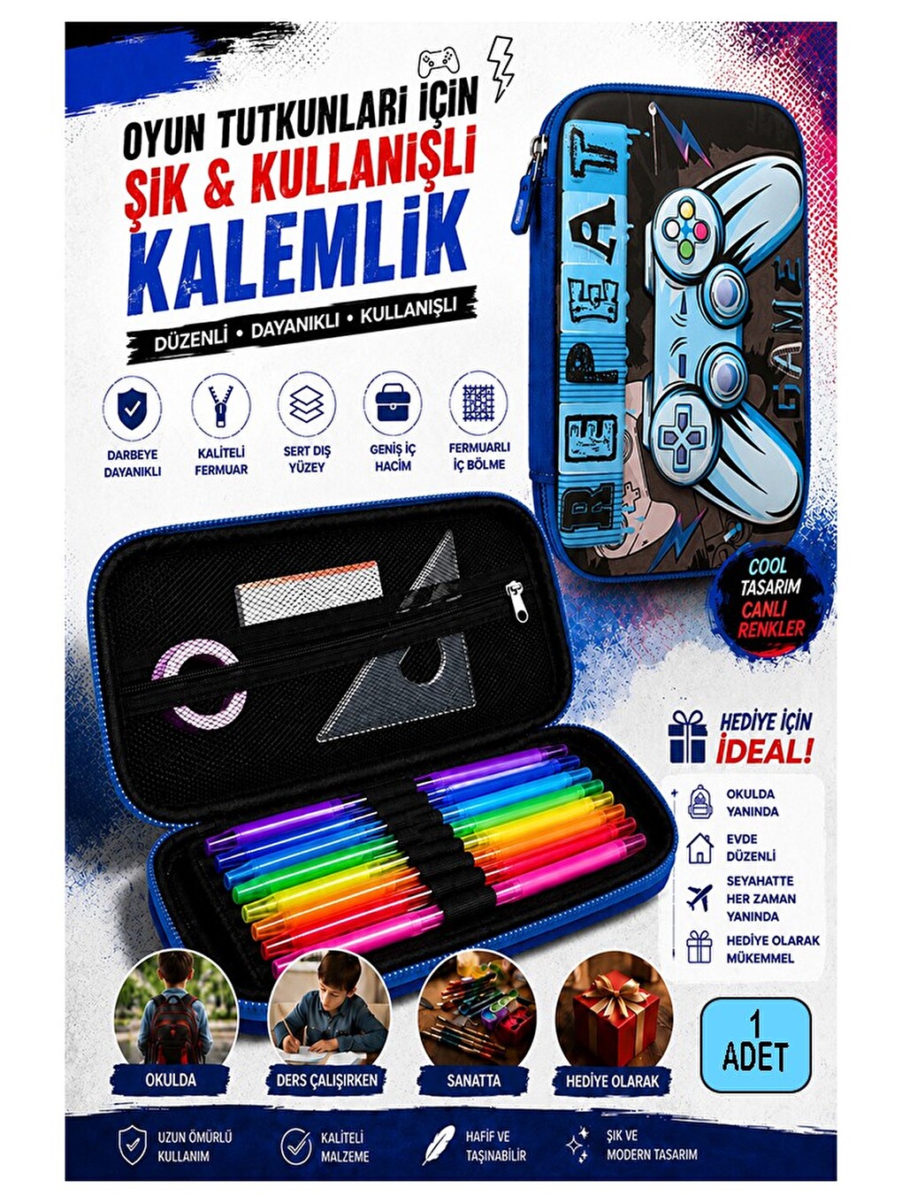 Oyun Konsolu Kabartmalı Bölmeli Kalemlik 1 Adet P-6011 Erkek Çocuk Okul Kalem Kutusu 3 Boyutlu Joyst