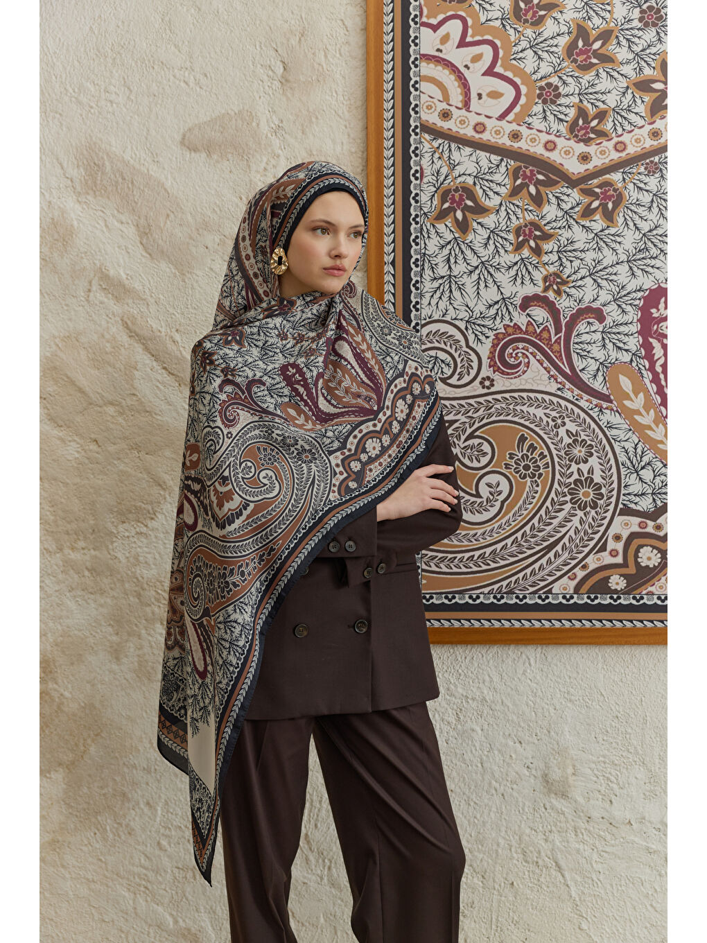 Kahverengi Cupra Prive Desenli Şal Blossom Kızıl Kahve-2