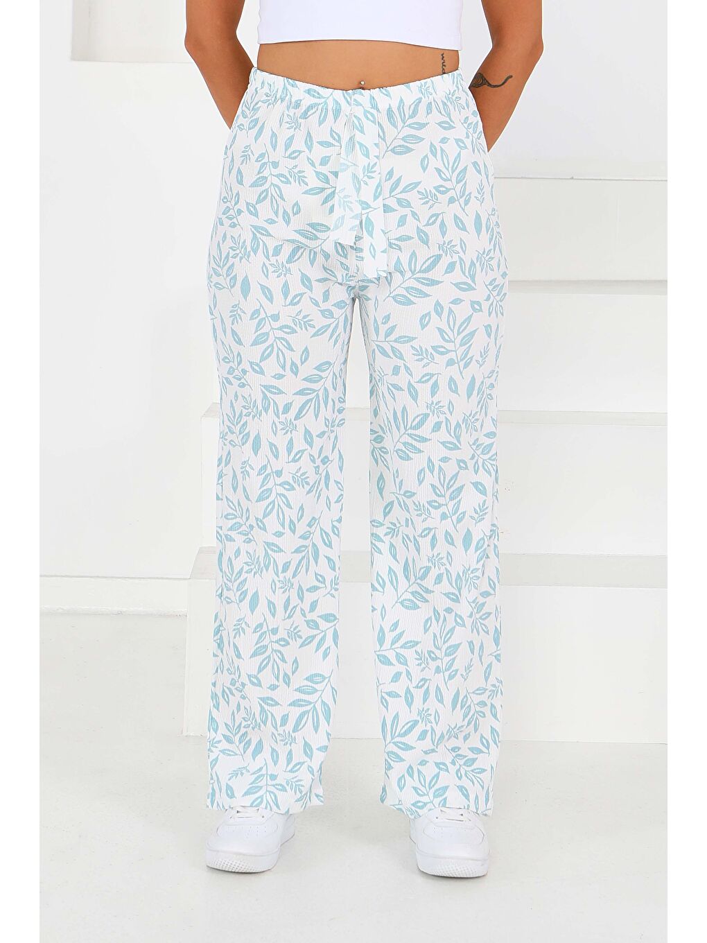 Yeşil Desenli Beli Lastikli Bürümcük Pantolon Mint - 27678-1