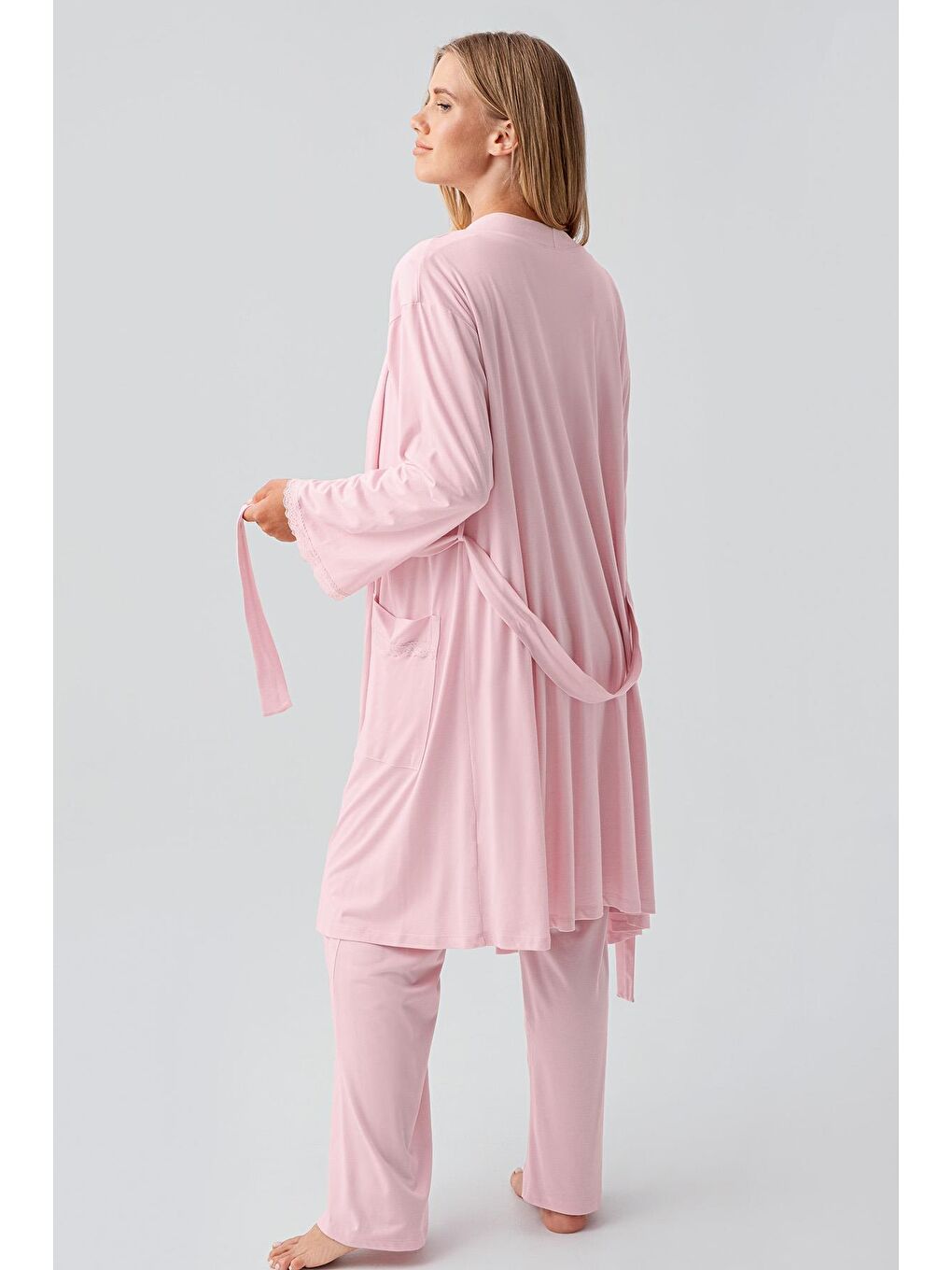 Pembe Uzun Kollu Düğmeli Esnek Viskoz Hamile Sabahlık Pijama Takım 18302-2