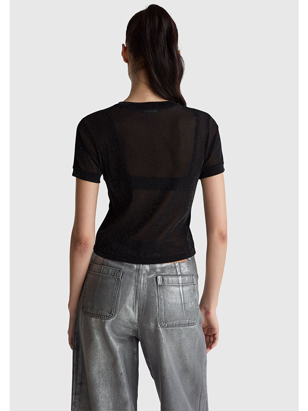 Siyah Kadın Sİyah Simli Bisiklet Yaka Slim Fit T-Shirt-2