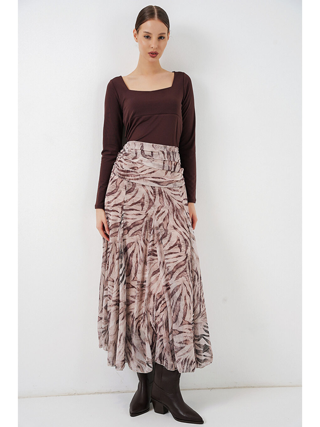 Kadın Desenli Şifon Etek 8057 - Ekru