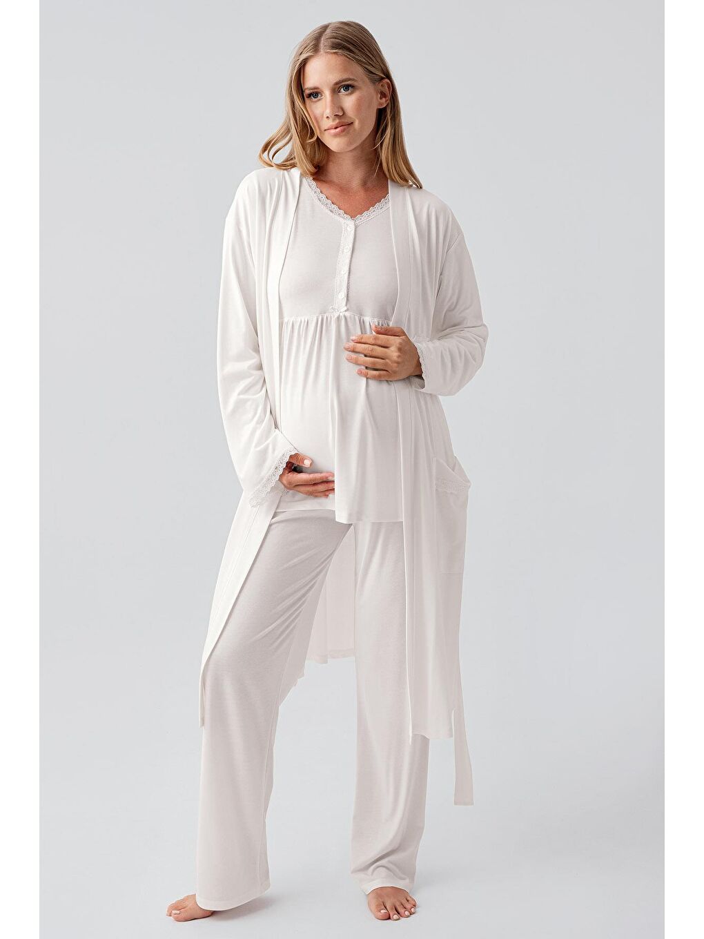 Ekru Uzun Kollu Düğmeli Esnek Viskoz Hamile Sabahlık Pijama Takım 18302