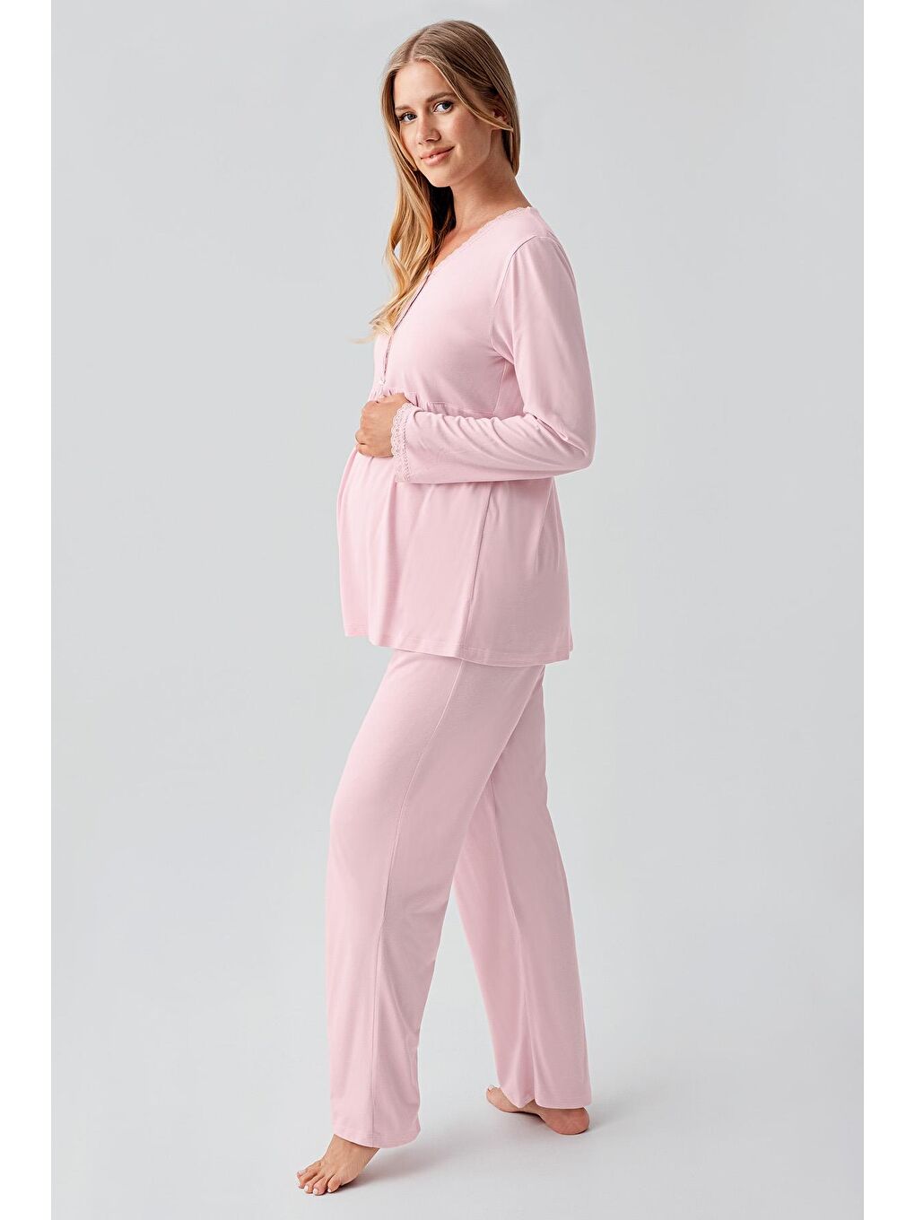 Pembe Uzun Kollu Düğmeli Esnek Viskoz Hamile Sabahlık Pijama Takım 18302-3