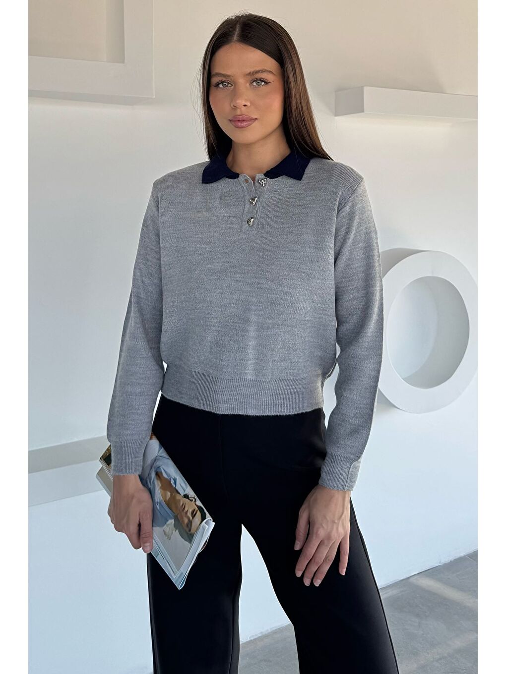 Gri Kadın Yarım Düğmeli Triko Kazak