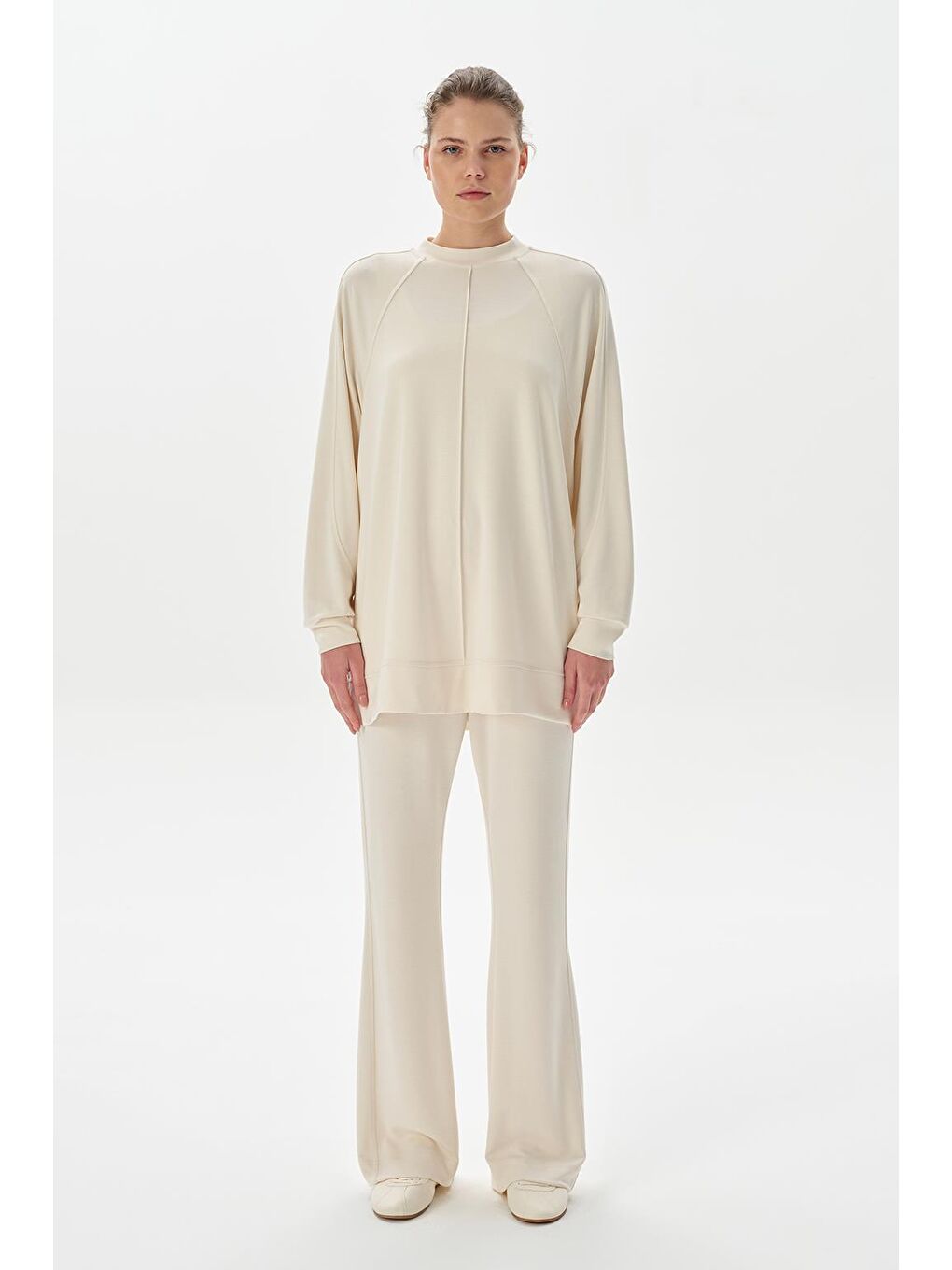 Modal Örme Çima Dikişli Sweatshirt Ekru