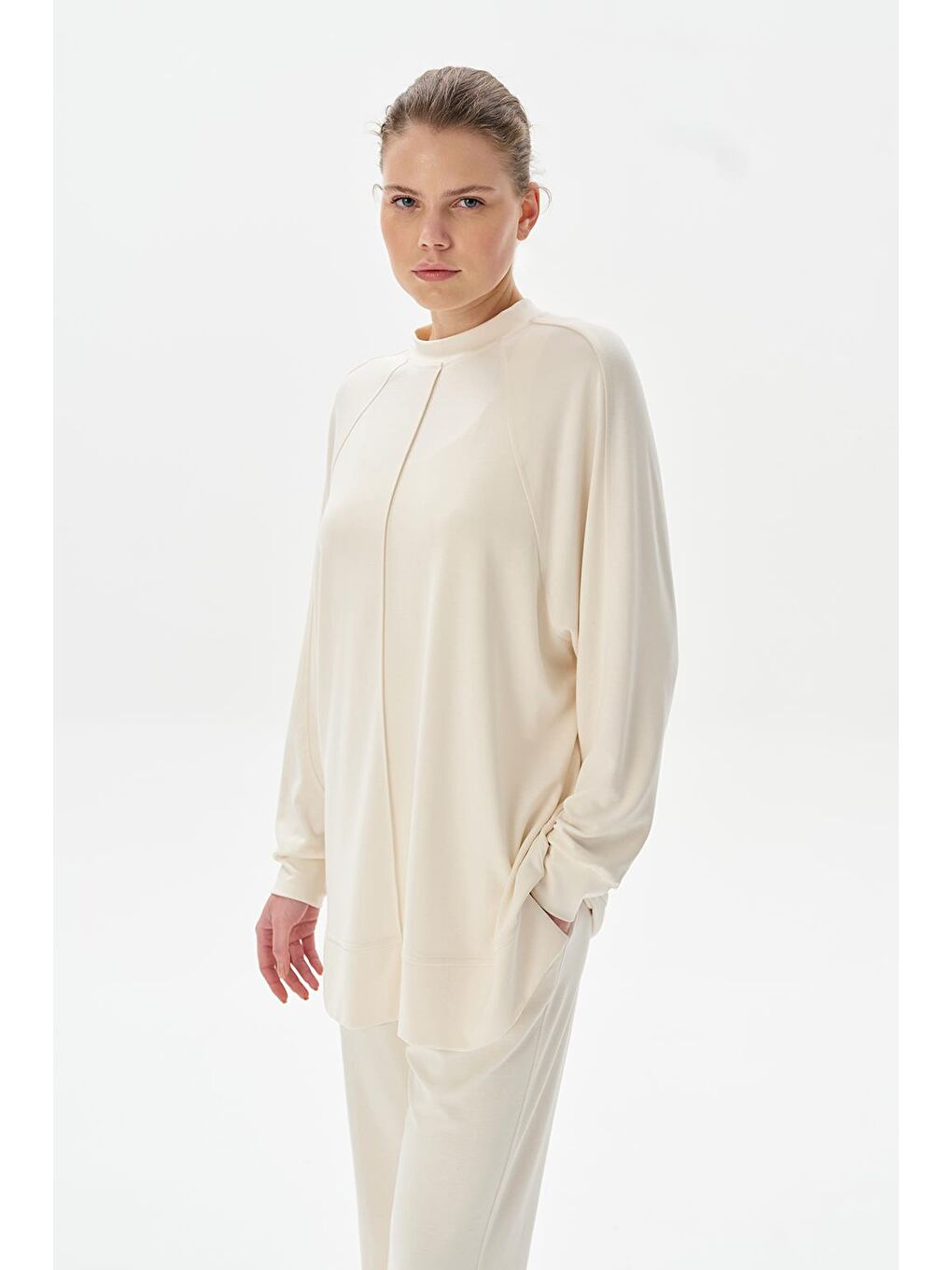 Modal Örme Çima Dikişli Sweatshirt Ekru-1