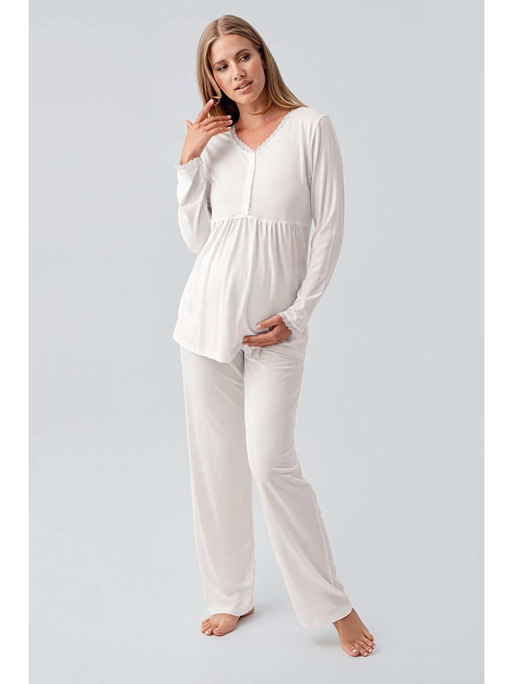 Ekru Uzun Kollu Düğmeli Esnek Viskoz Hamile Sabahlık Pijama Takım 18302-1