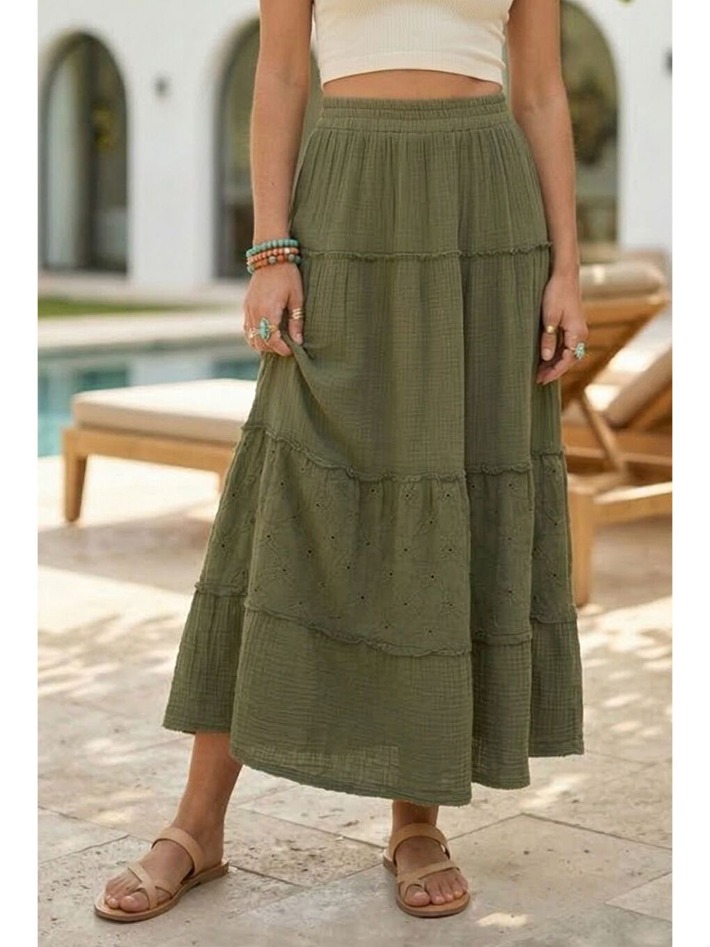 Haki Eteği Fırfırlı Fistolu Kat Kat Casual Müslin Standart Dokuma Etek 94 65