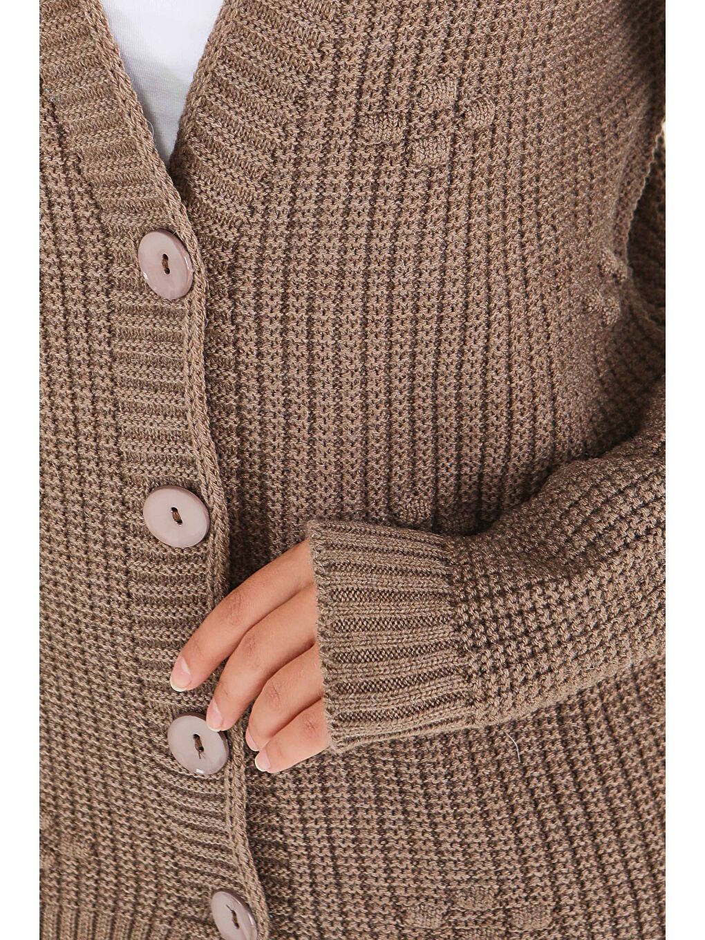 Bej Kabarcıklı Düğmeli Triko Hırka Vizon - 27658-3