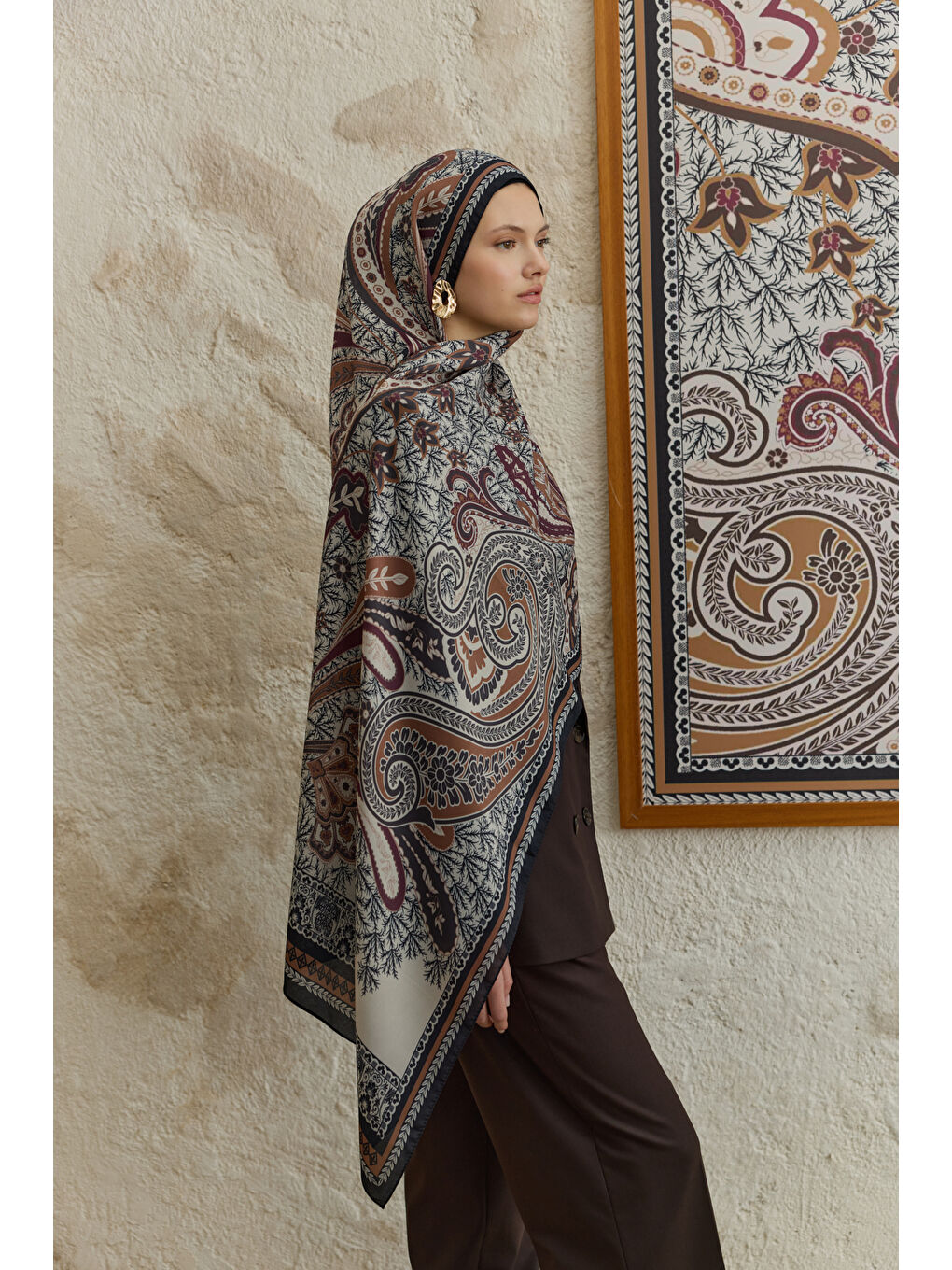 Kahverengi Cupra Prive Desenli Şal Blossom Kızıl Kahve-3