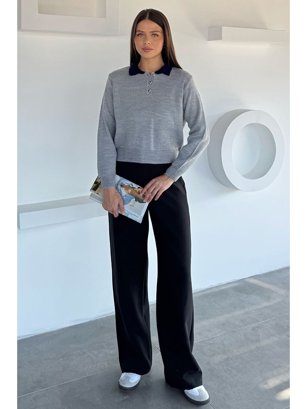 Gri Kadın Yarım Düğmeli Triko Kazak-1