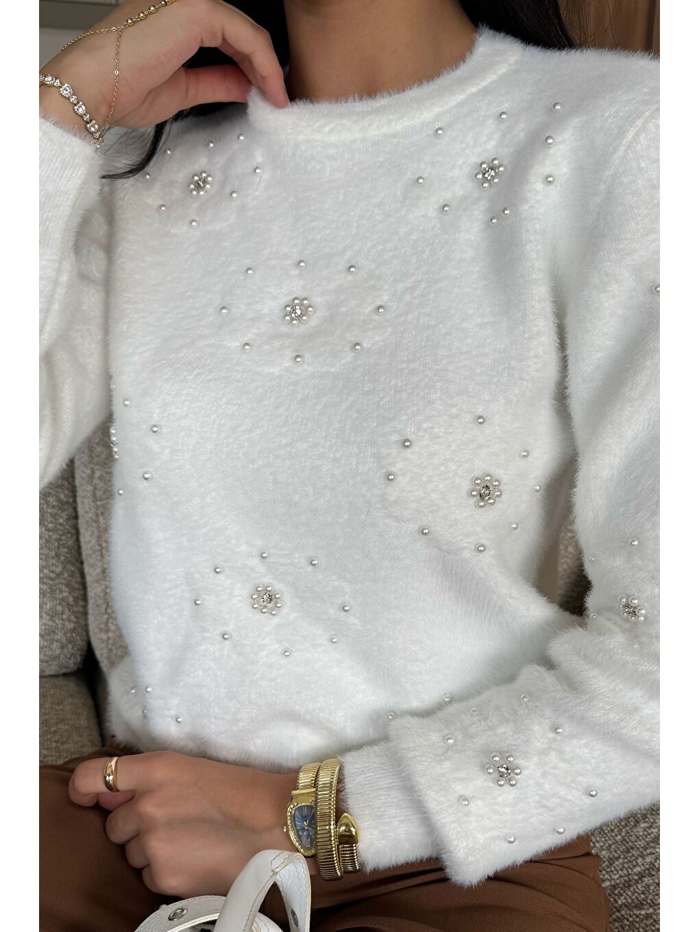 Bej Kadın Çiçek Baskılı Taşlı Sakallı Triko Kazak (s-m-l Beden Uyumludur.)-2