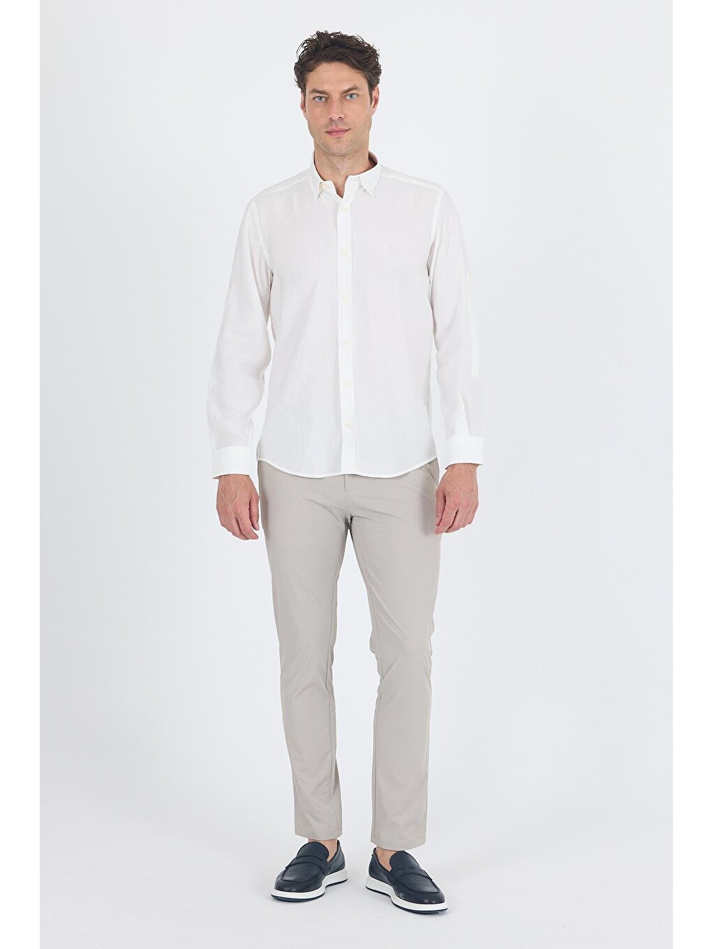 Beyaz Kısalabilir Kol Smart Biritli Yaka Cepsiz Slim Fit Gömlek 1004250224-1