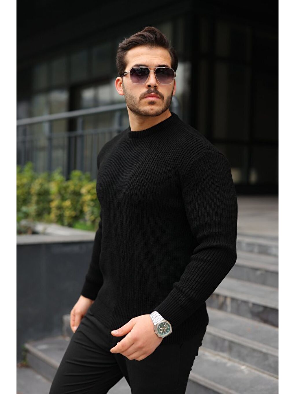 Siyah Erkek Bisiklet Yaka Örme Kazak