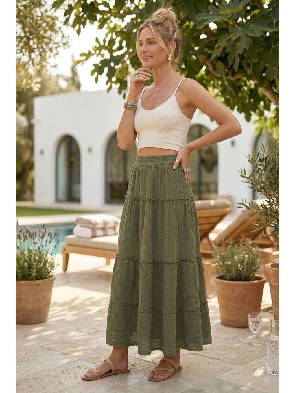 Haki Eteği Fırfırlı Fistolu Kat Kat Casual Müslin Standart Dokuma Etek 94 65-3