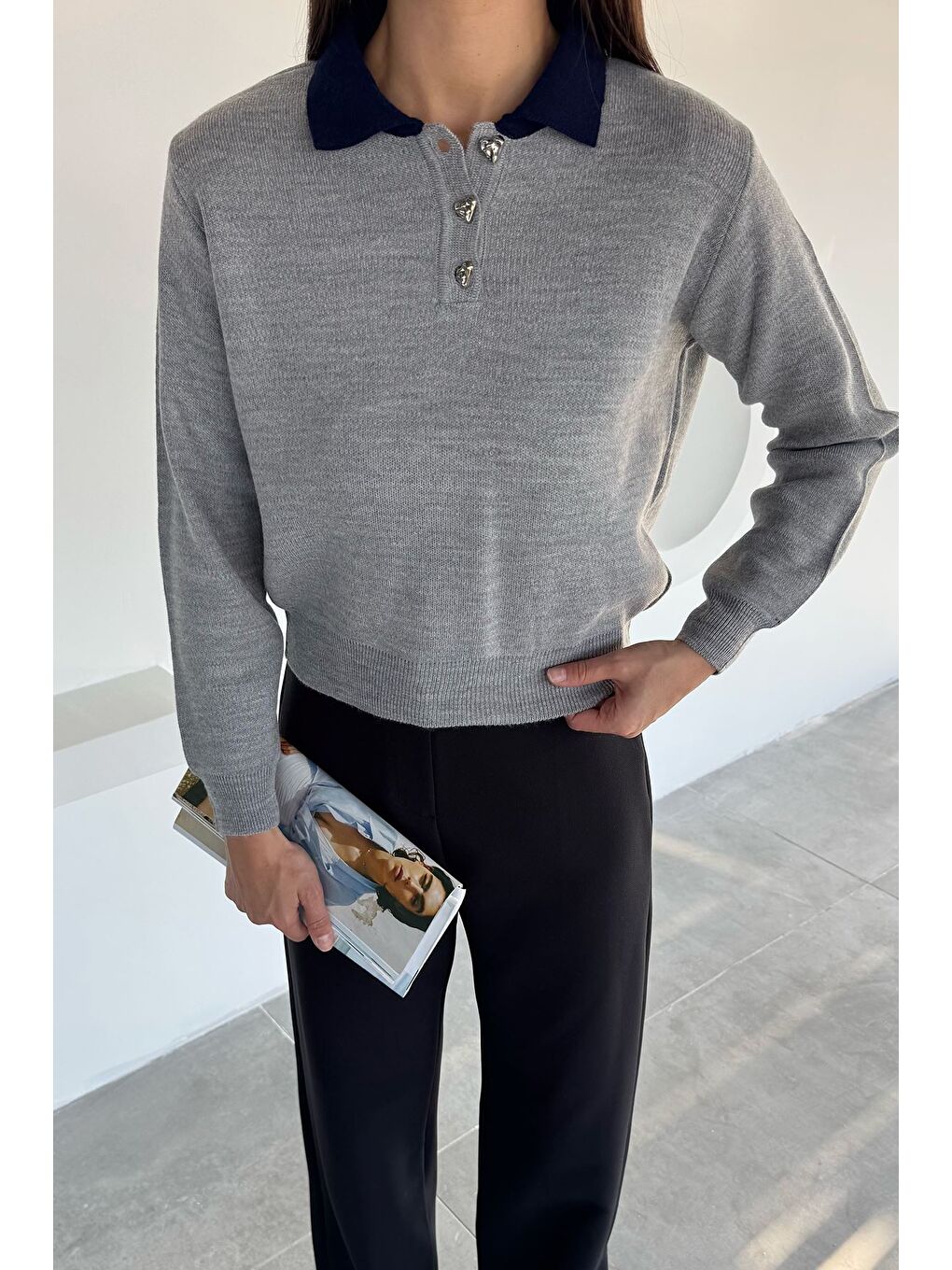 Gri Kadın Yarım Düğmeli Triko Kazak-2