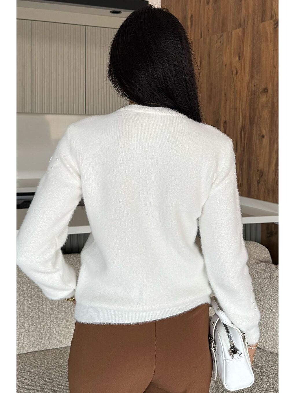 Bej Kadın Çiçek Baskılı Taşlı Sakallı Triko Kazak (s-m-l Beden Uyumludur.)-3