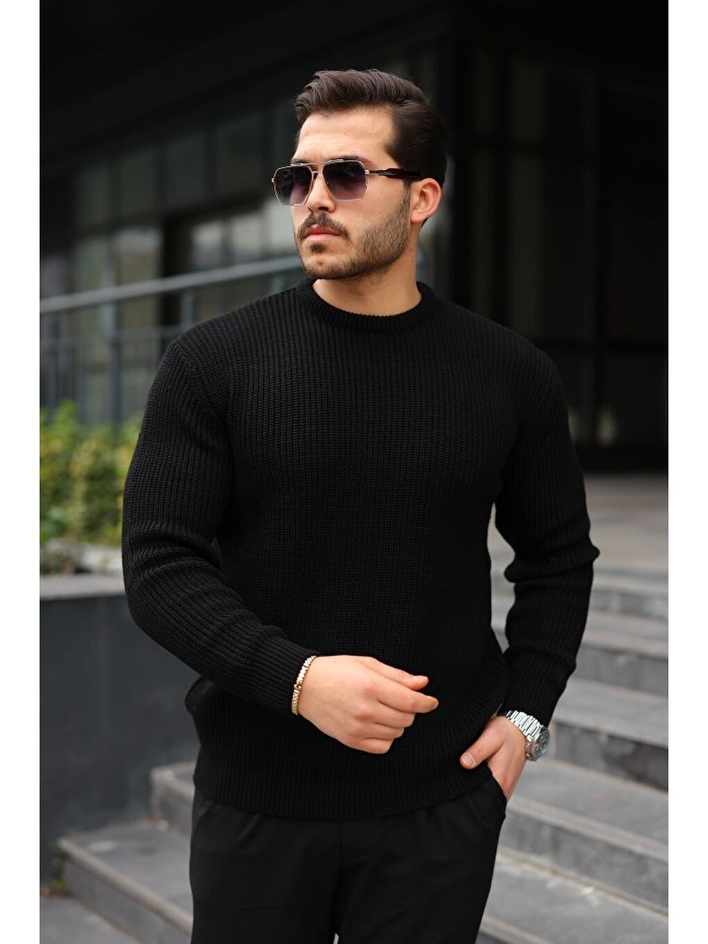 Siyah Erkek Bisiklet Yaka Örme Kazak-2