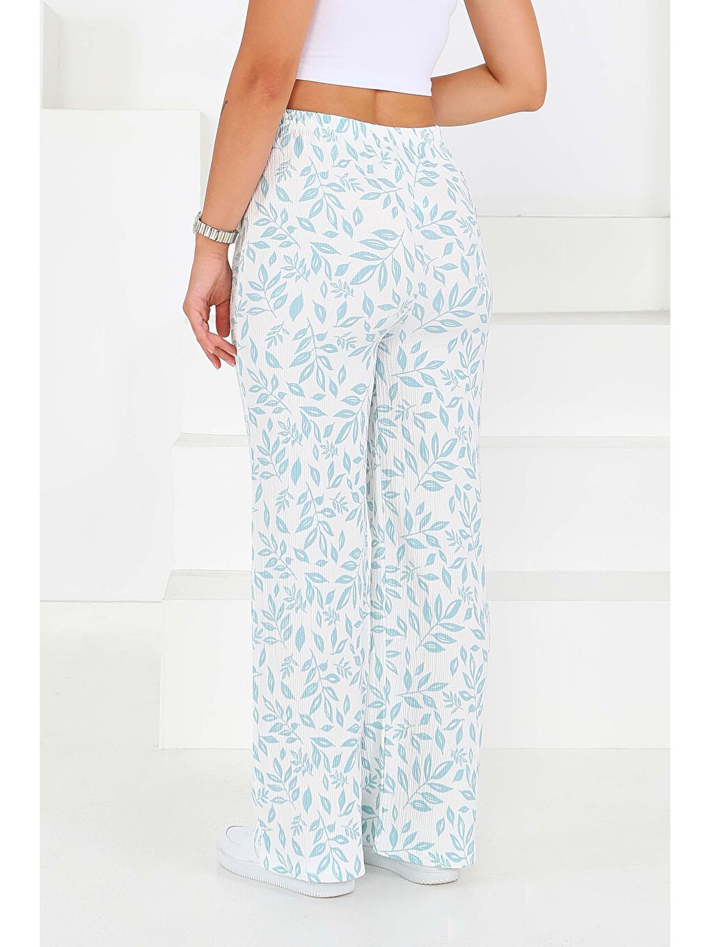 Yeşil Desenli Beli Lastikli Bürümcük Pantolon Mint - 27678-3