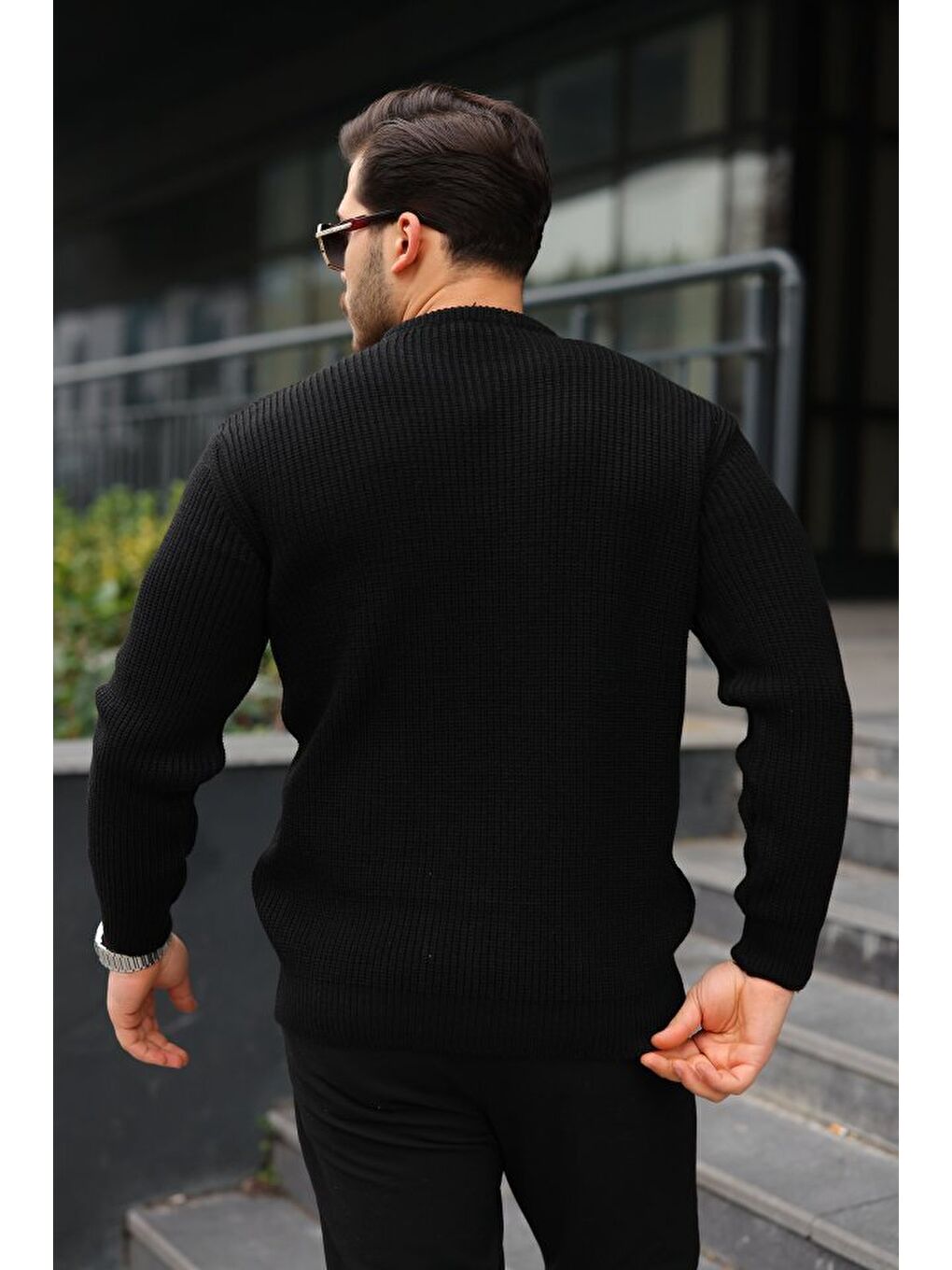 Siyah Erkek Bisiklet Yaka Örme Kazak-3