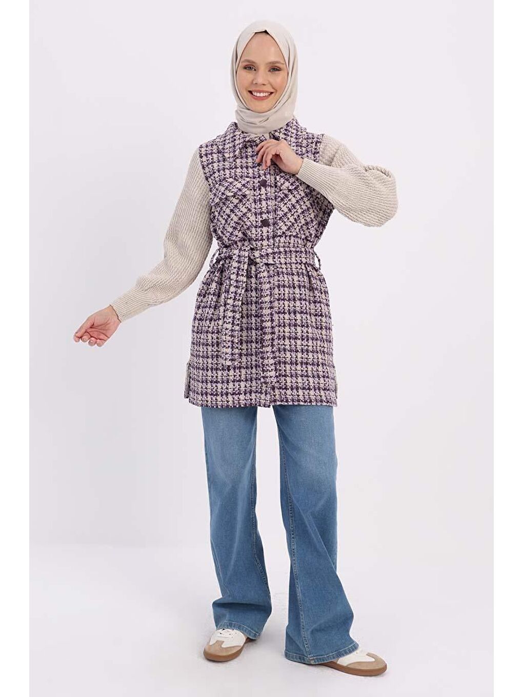 Mor-Triko Garnili Kuşaklı Tüvit Hırka-1