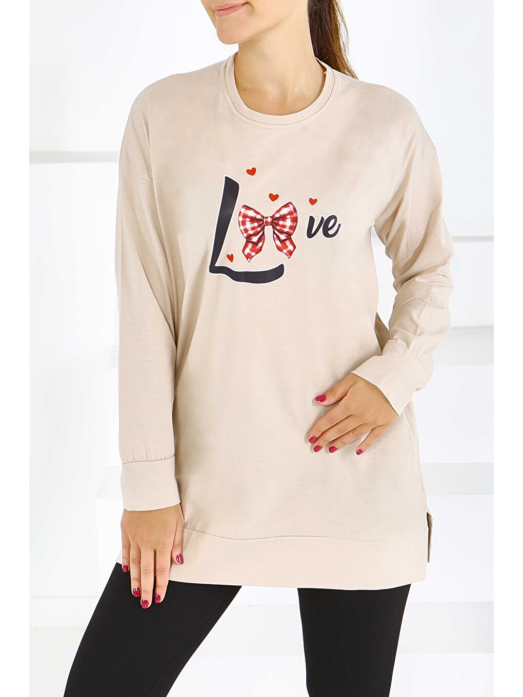 Uzun Kollu Baskılı Süprem Tunik Bej - 27581