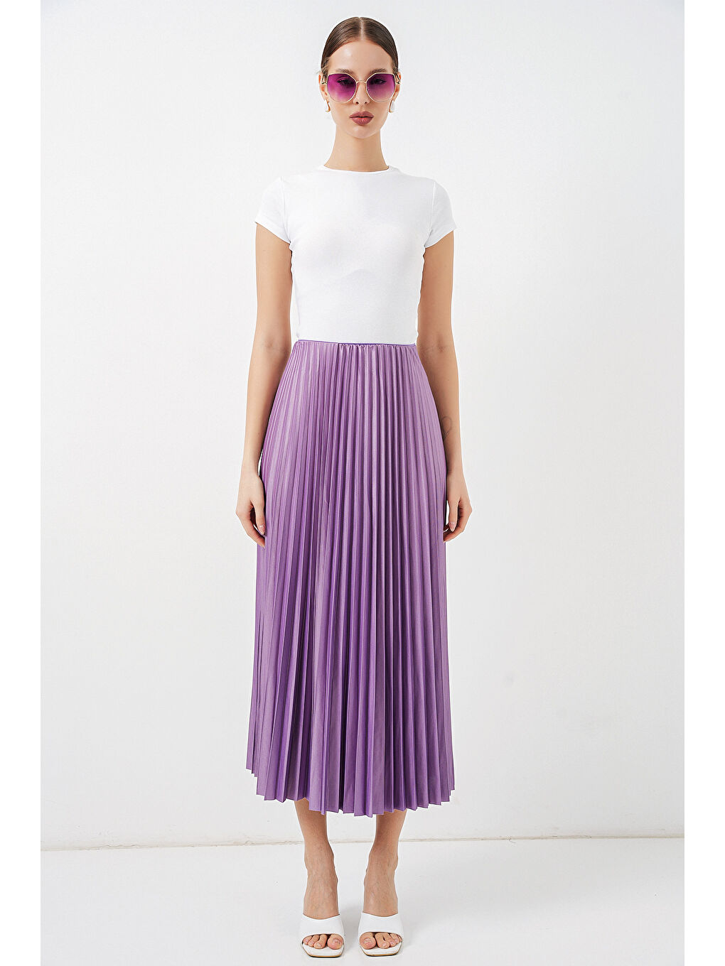 8009 Deri Görünümlü Piliseli Etek - Lila-4