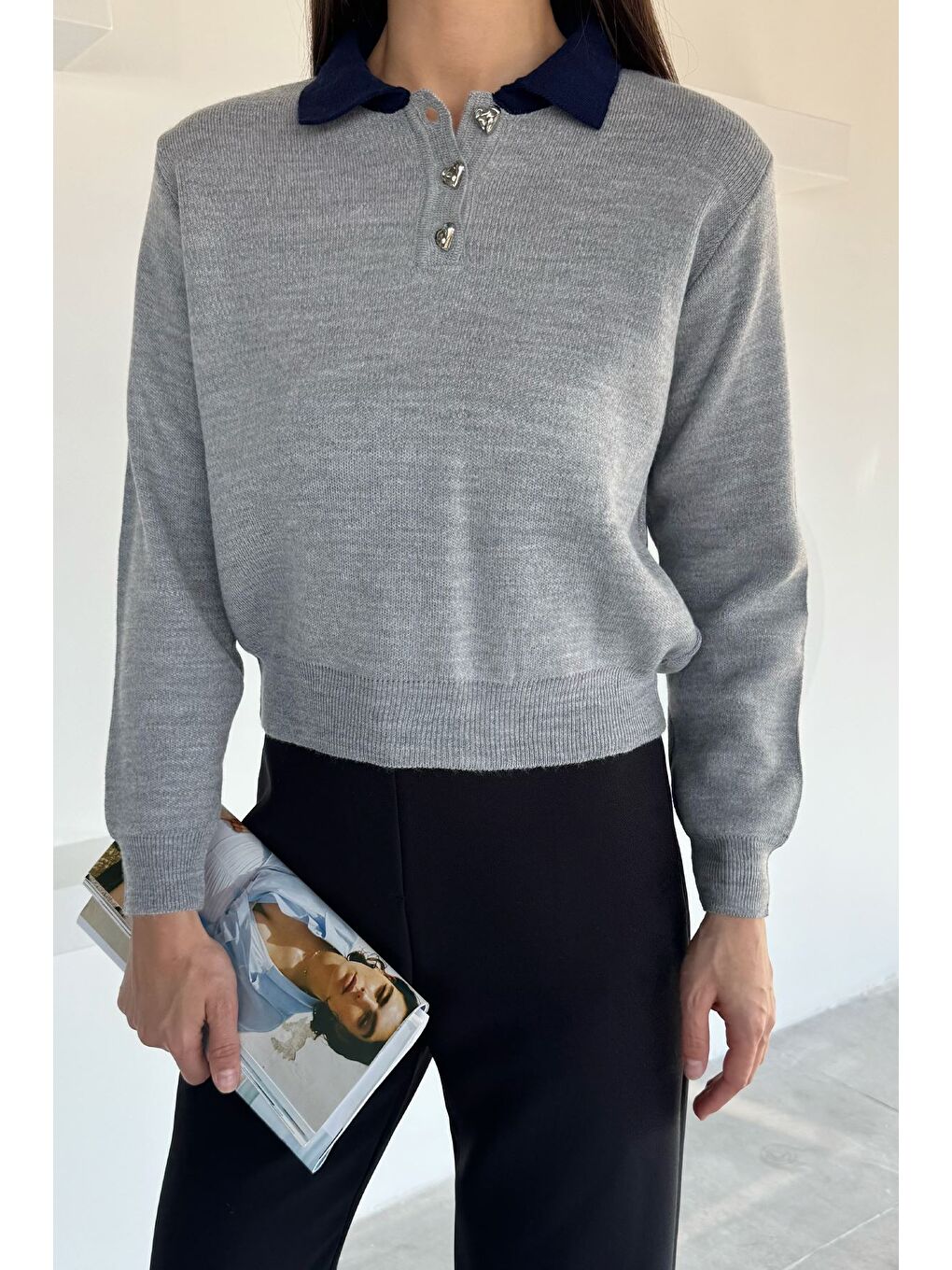 Gri Kadın Yarım Düğmeli Triko Kazak-3