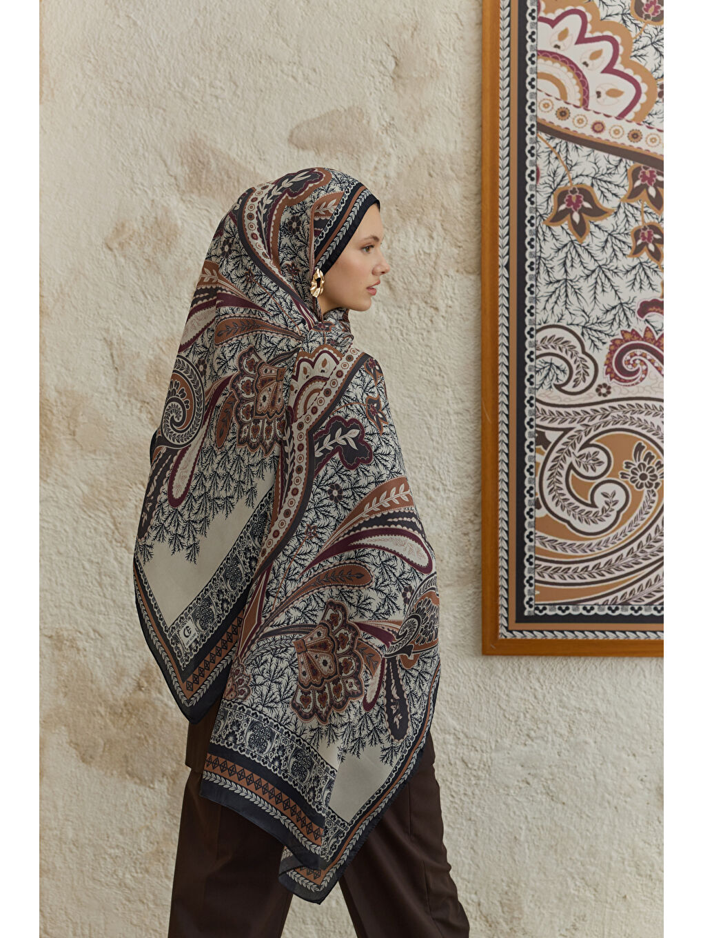 Kahverengi Cupra Prive Desenli Şal Blossom Kızıl Kahve-4