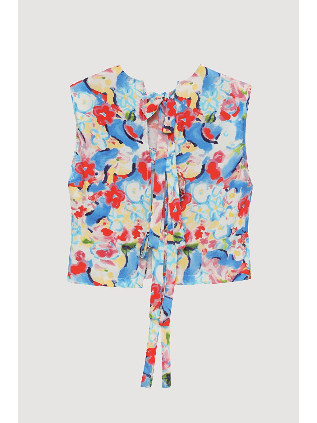 Sırtı Bağlama Dekolteli Çiçekli Bluz Mavi-1