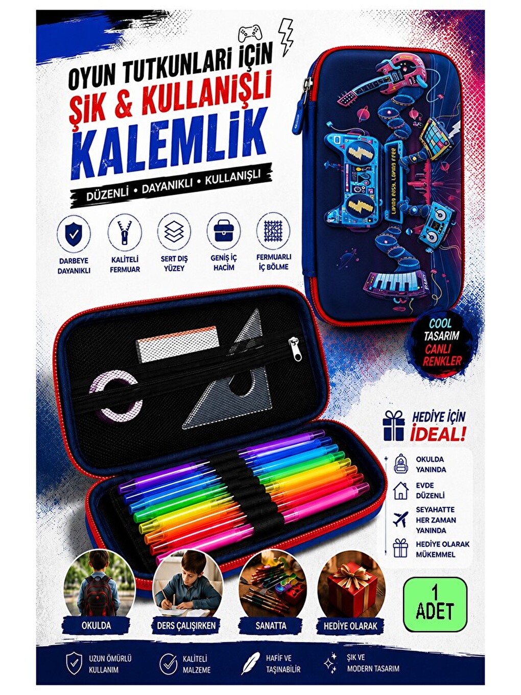 Oyun Konsolu Kabartmalı Bölmeli Kalemlik 1 Adet P-6011 Erkek Çocuk Okul Kalem Kutusu 3 Boyutlu Joyst