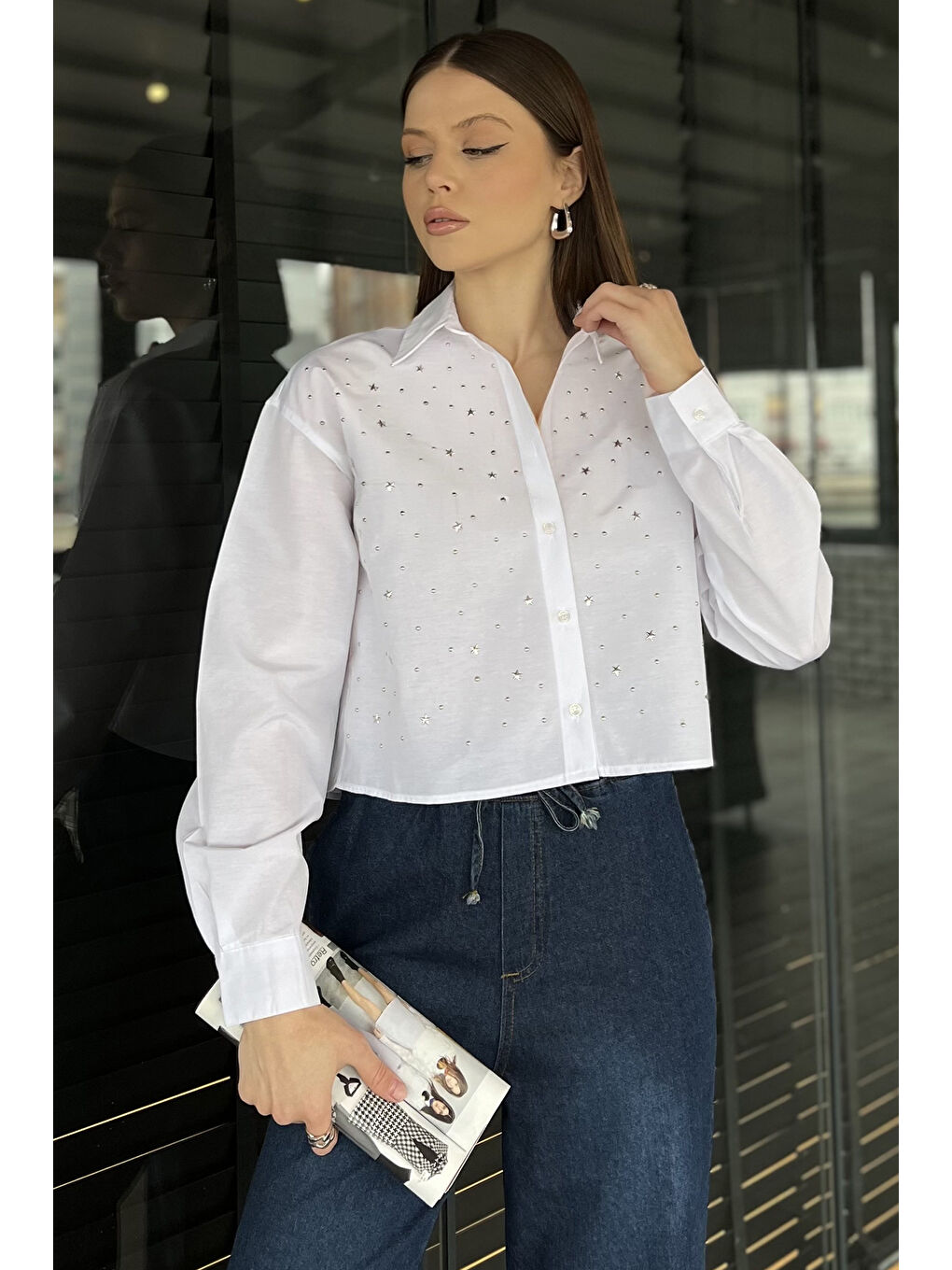 Beyaz Taşlı Kadın Crop Top Gömlek-1
