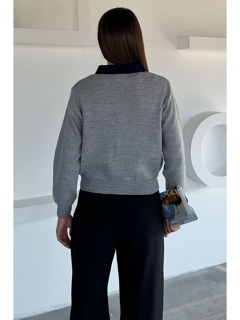 Gri Kadın Yarım Düğmeli Triko Kazak-4