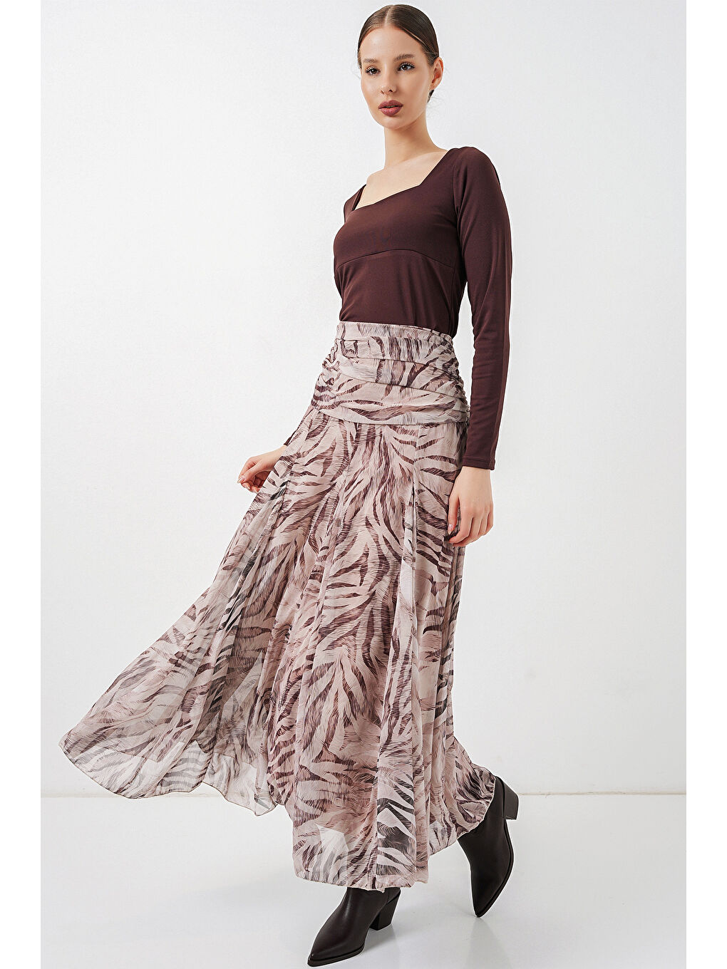 Kadın Desenli Şifon Etek 8057 - Ekru-2