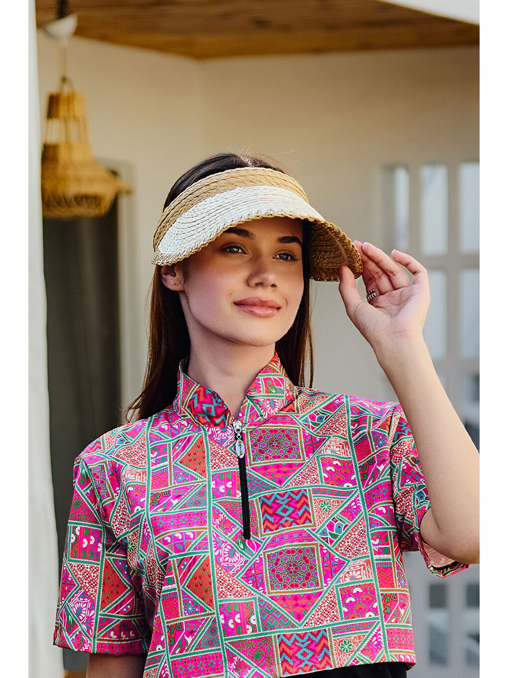 Zigzag Biyeli Vizör Hasır Şapka Güneş Koruyucu Siperlik RŞ-2104 Bej-1