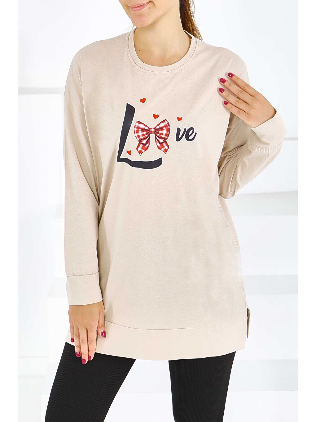 Uzun Kollu Baskılı Süprem Tunik Bej - 27581-1