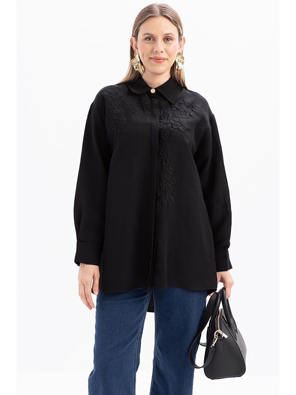 Siyah-Nakışlı Keten Gömlek-3