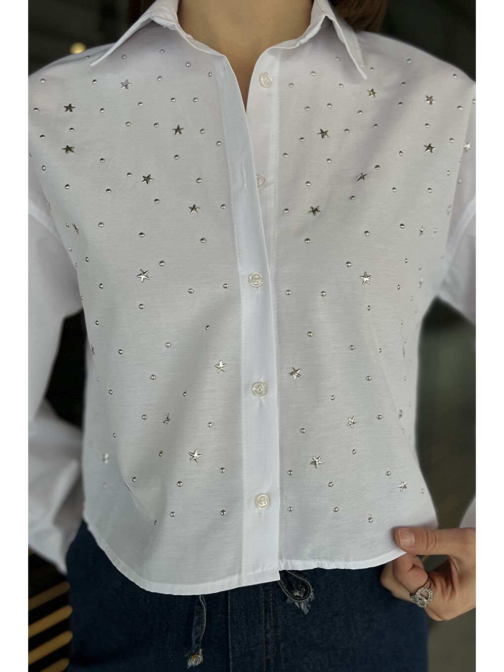 Beyaz Taşlı Kadın Crop Top Gömlek-3