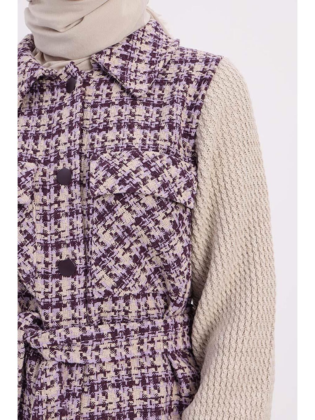 Mor-Triko Garnili Kuşaklı Tüvit Hırka-4