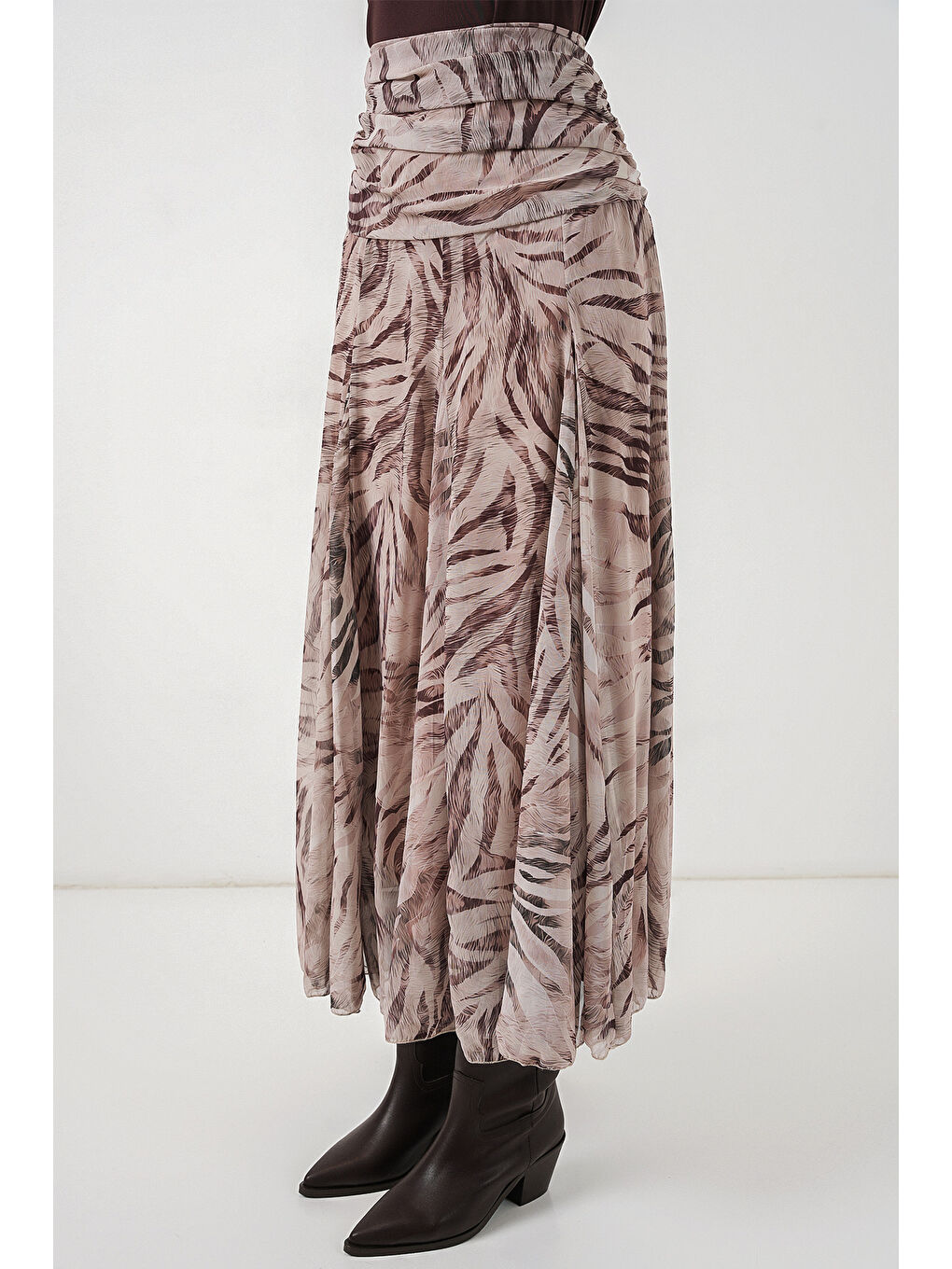 Kadın Desenli Şifon Etek 8057 - Ekru-3